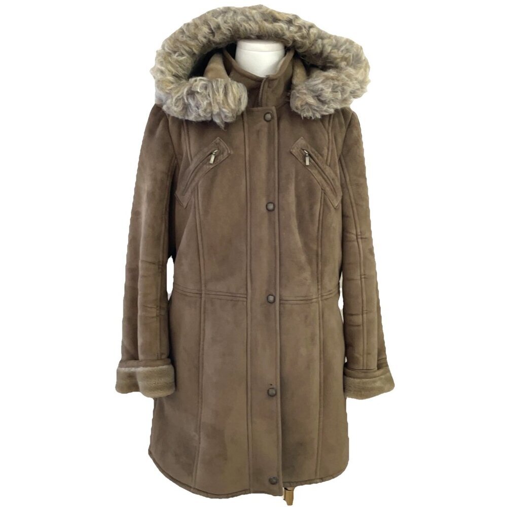 Vintage 90s Y2K Esprit Faux Suede Coat Jacket Size L Beige Hooded Penny Lane